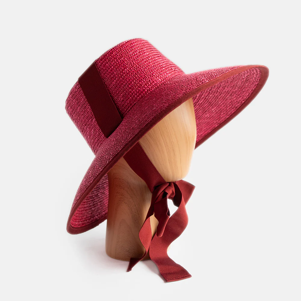 Burgundy Straw Hat With Ribbons