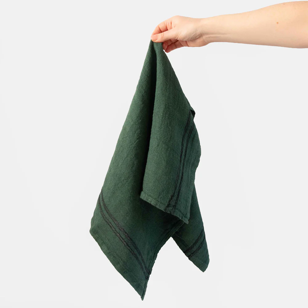 Emerald Green Stripe Linen Tea Towel