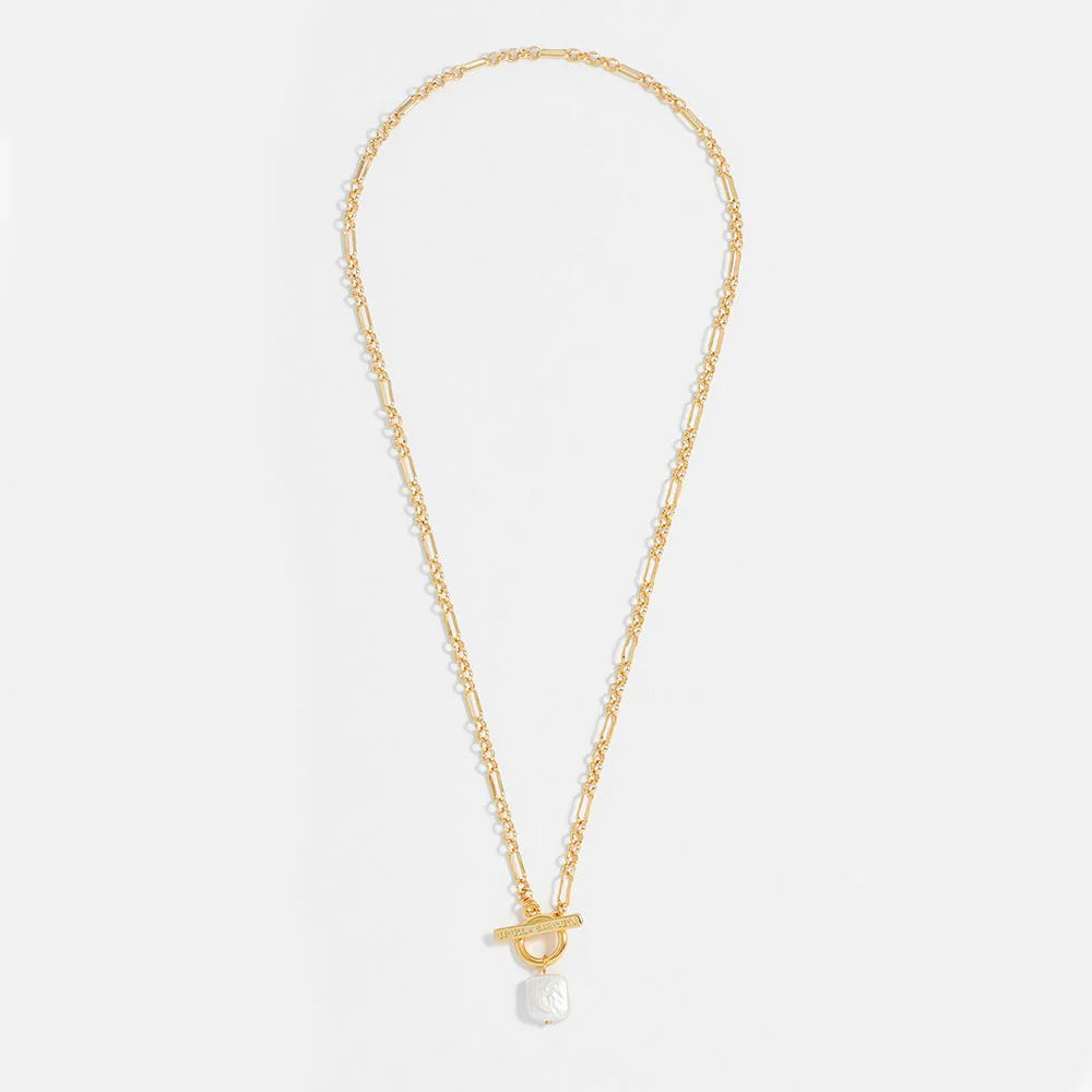 Gold Square Baroque Pearl T Bar Necklace
