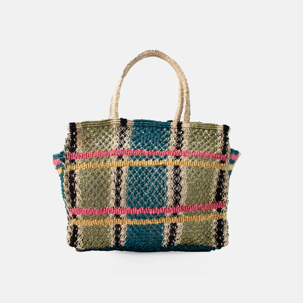 Green/Blue Tartan Jute Shopper Bag