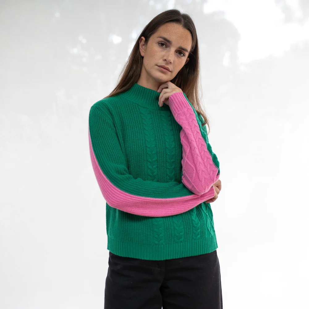 Green/Pink Cable Knit Cashmere Jumper
