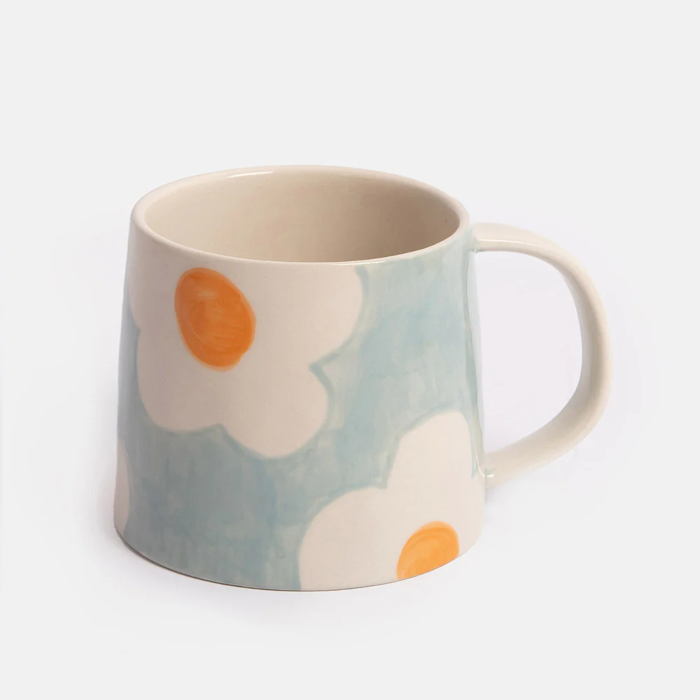 Light Blue/Orange Flower Large Ceramic Mug