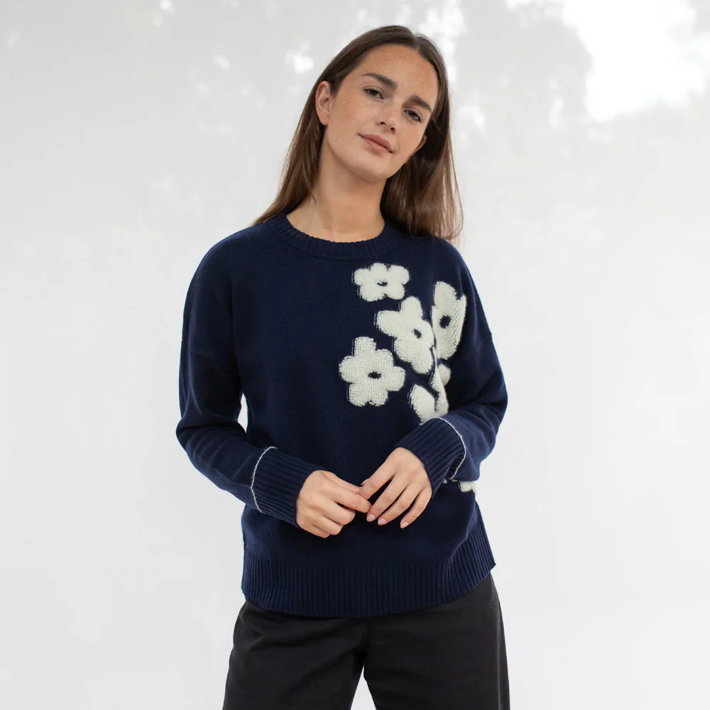 Navy/White Flowers Cashmere Blend Jumper