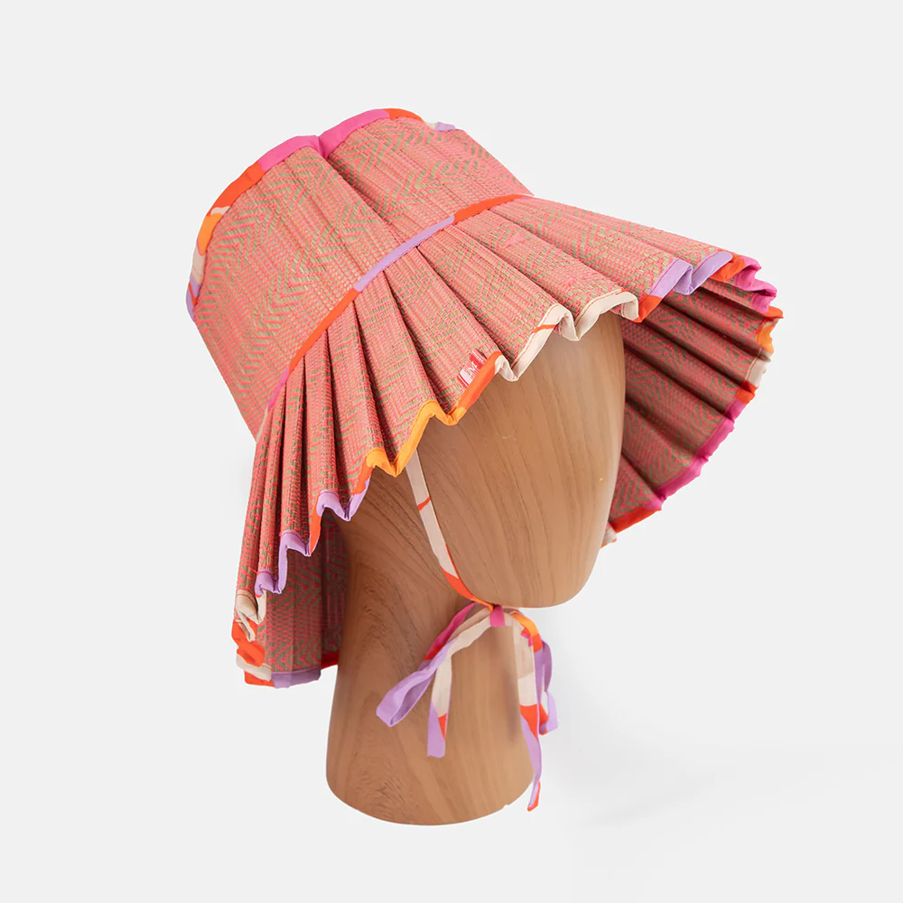 Pink Chevron Straw Capri Pleated Hat