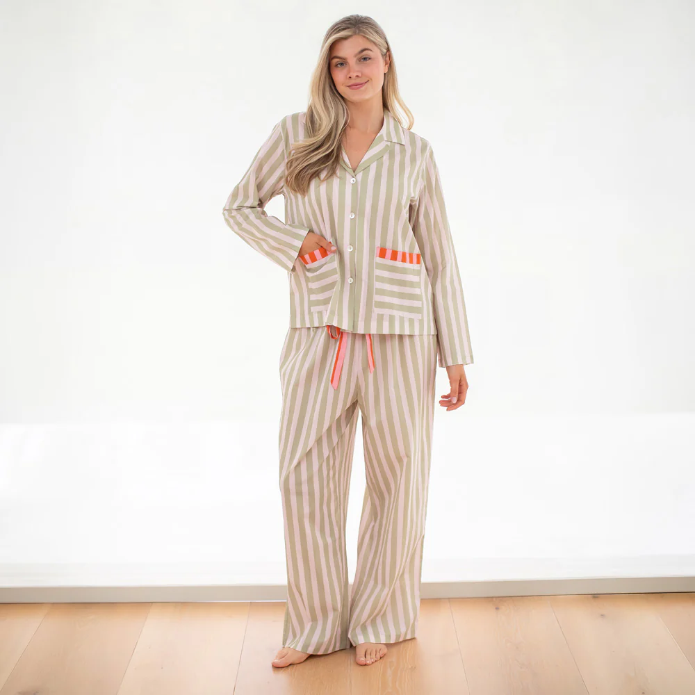Pink/Green Stripe Cotton Pyjama Shirt - Image 3