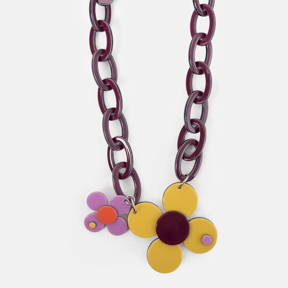 Violet/Mustard Flower Chunky Loop Necklace