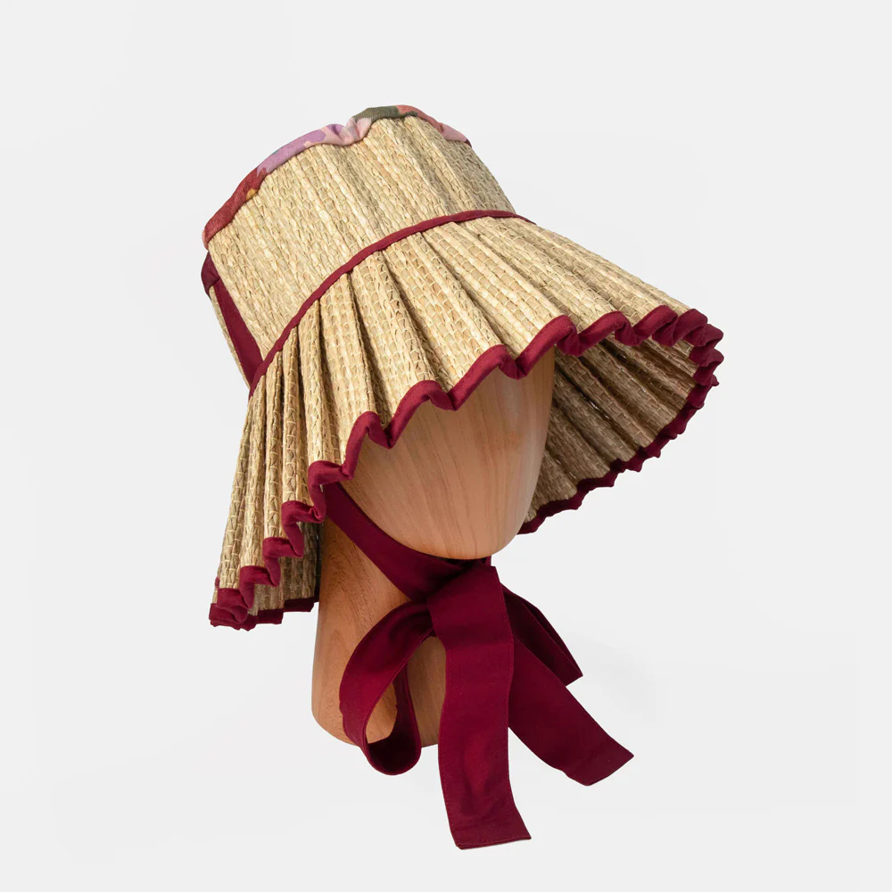 Wine/Natural Straw Capri Pleated Hat